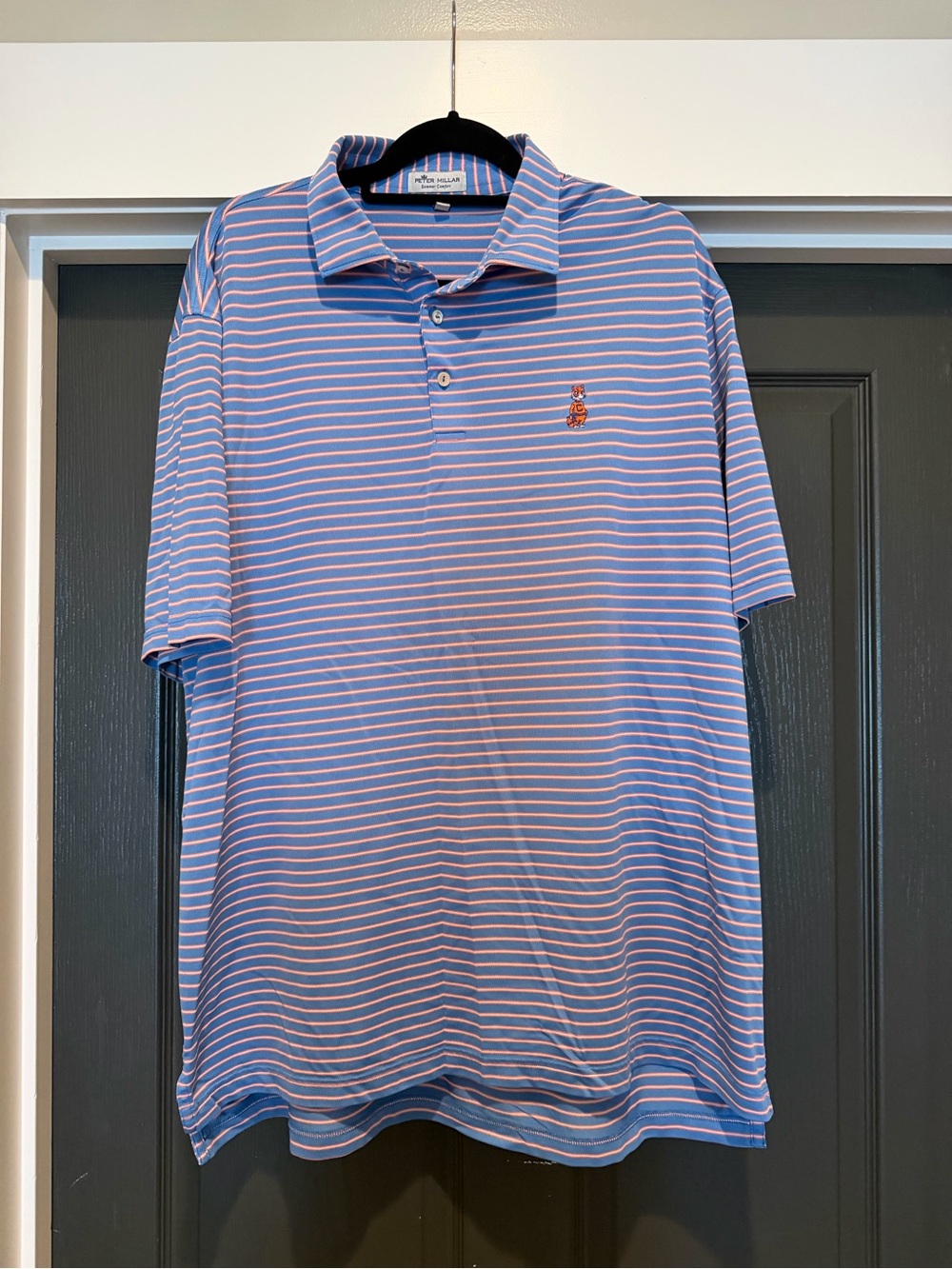 Peter Millar Light Blue and Orange Striped Polo